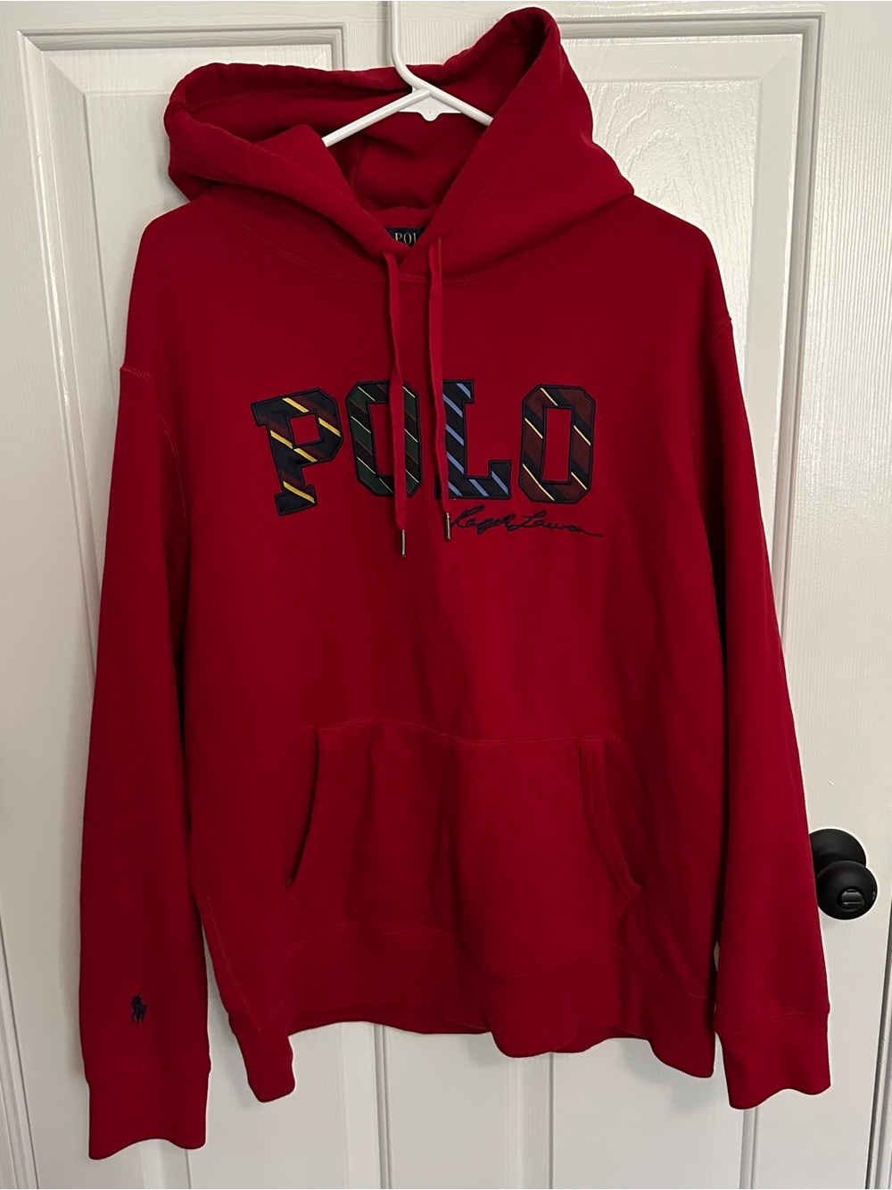 Polo Ralph Lauren Men's Striped Logo Red Fleece Pullover Hoodie - Size XL